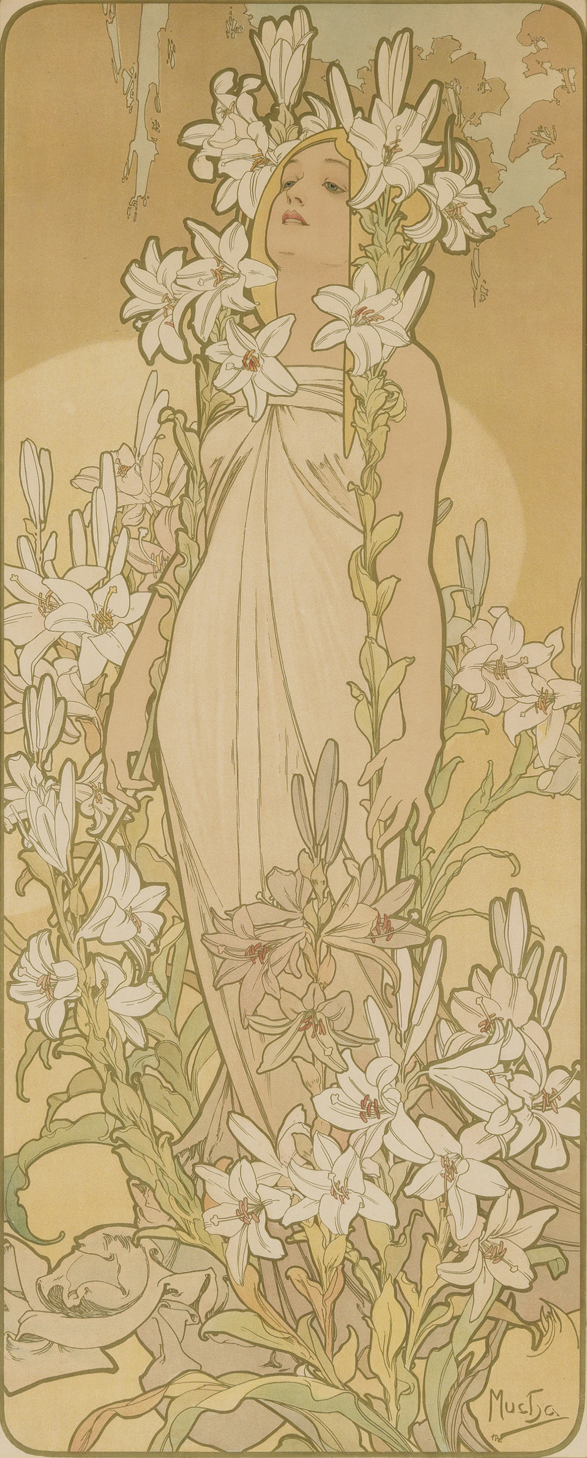 ALPHONSE MUCHA (1860-1939). [THE FLOWERS.] Group of 3 decorative panels. 1898. 40x16 inches, 101x42 cm. [F. Champenois, Paris.]